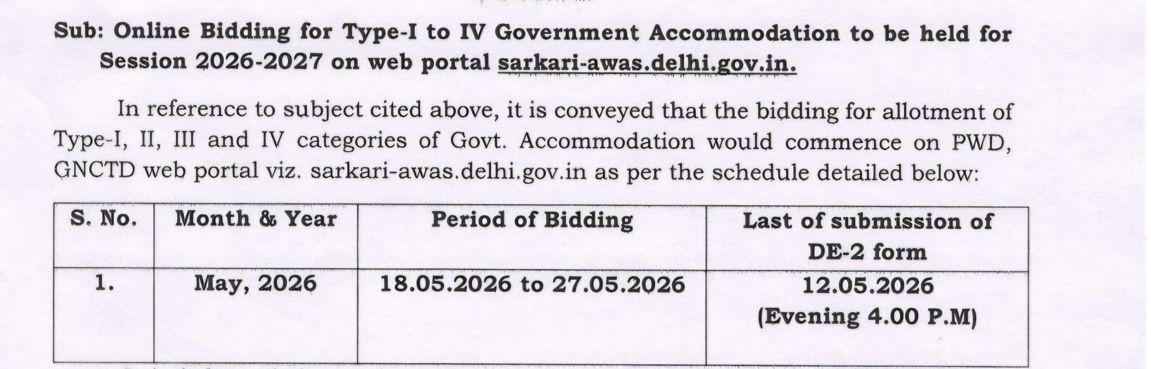 Online bidding for month of May 2026